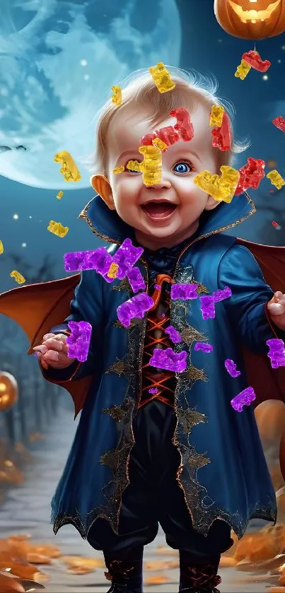 Baby in Halloween vampire costume with pumpkins.