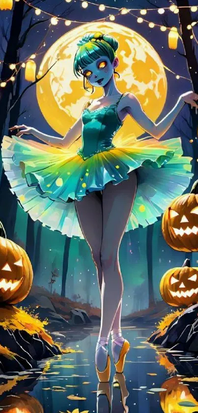 Ballet dancer in Halloween setting with pumpkins and a glowing full moon.