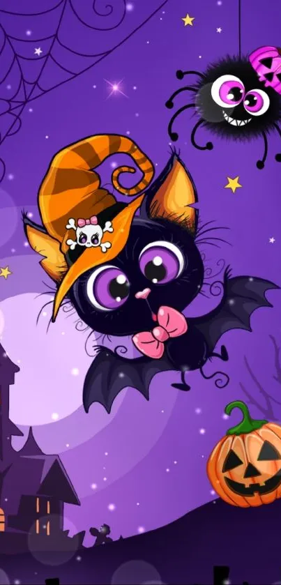 Halloween cartoon bat with pumpkins on a purple background.