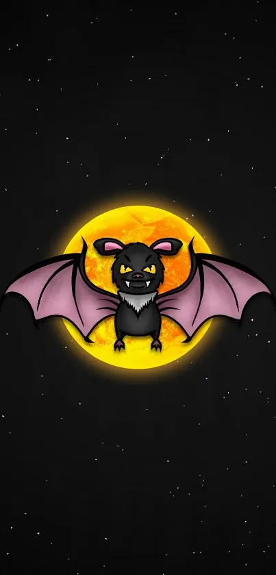 Cartoon bat with moon on black background.