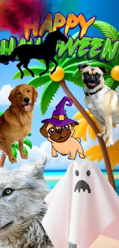 Halloween beach wallpaper with dogs, ghost, and tropical vibes.