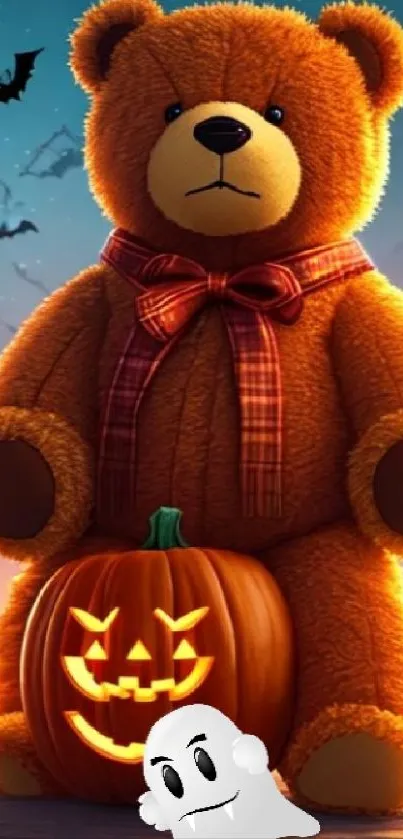 Teddy bear with pumpkin and ghost in Halloween theme.