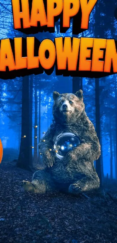 A bear with a glowing pumpkin in a spooky Halloween forest scene.