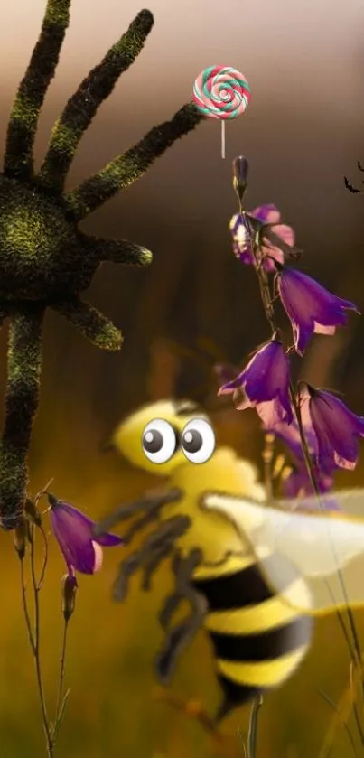 Cartoon bee with spider and flowers in Halloween wallpaper.