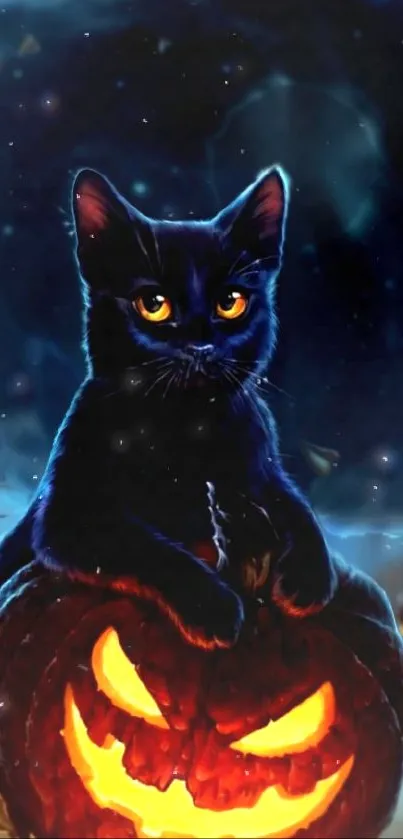 Black cat sitting on a glowing carved pumpkin under a starry night sky.