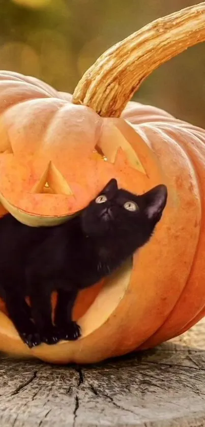 Black cat peeking from a carved Halloween pumpkin on a wooden table.