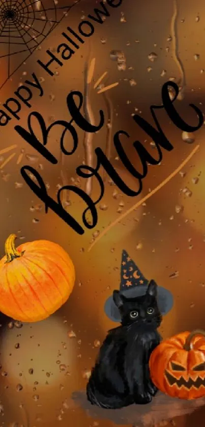 Brave Halloween wallpaper with cat and pumpkins on an orange-brown background.