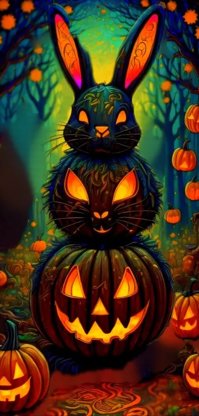 Dark forest with glowing pumpkins and a magical bunny, perfect for Halloween.