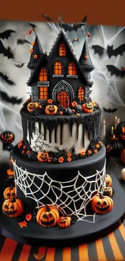 Halloween cake featuring haunted house and pumpkins.