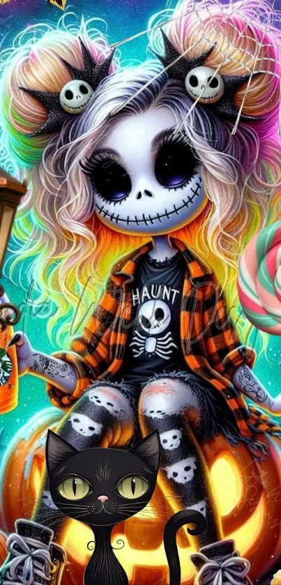 Halloween-themed cartoon with skull motifs and colorful design.