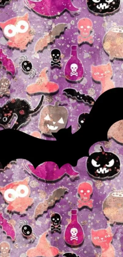 Halloween-themed cartoon wallpaper with bats, skulls, and cats on purple background.