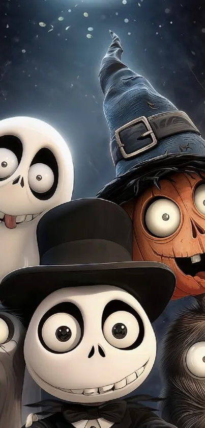Whimsical Halloween-themed cartoon wallpaper with characters.