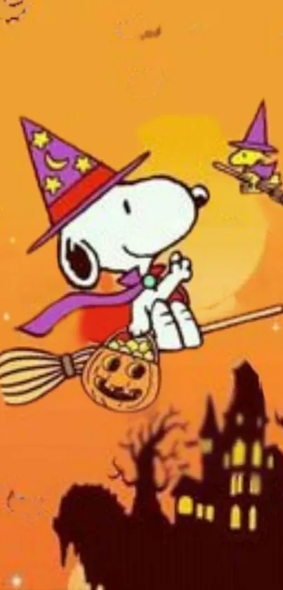 Cartoon dog in witch hat flying on broom with Halloween theme.