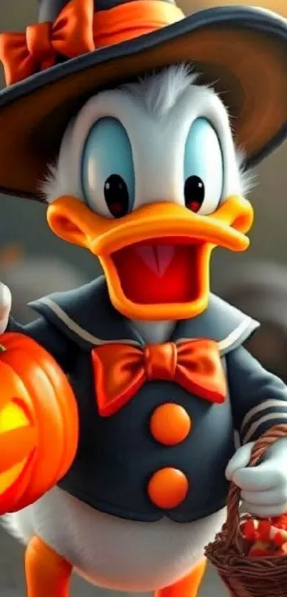Cartoon duck in Halloween attire holding a pumpkin.