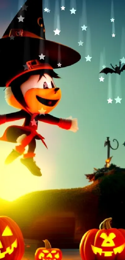 Cartoon witch with pumpkins and bat under a magical Halloween sky.