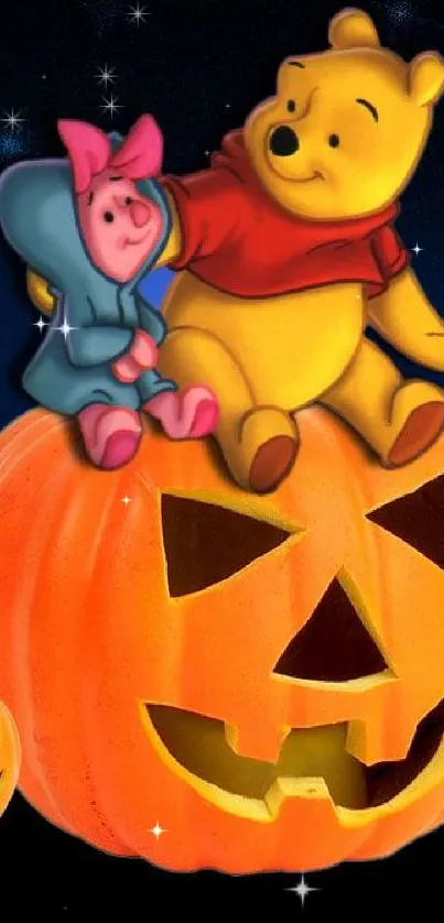 Cartoon characters sitting on a pumpkin under a starry sky, perfect for a Halloween theme.