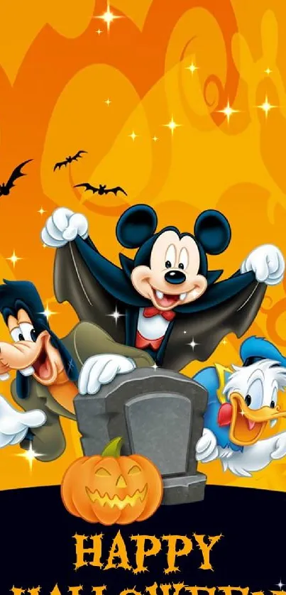 Halloween themed cartoon wallpaper with iconic characters.