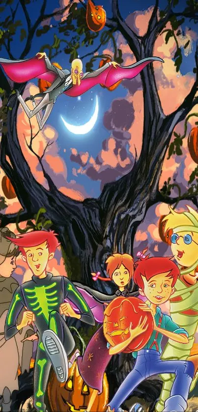 Cartoon Halloween night with characters under a moonlit sky.