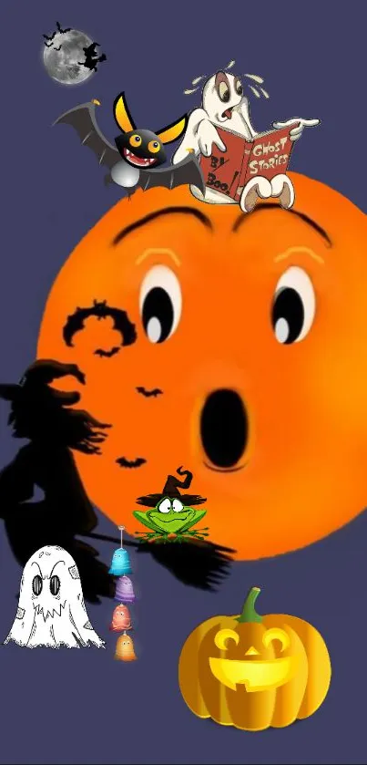 Halloween cartoon wallpaper with moon, pumpkins, and witch.