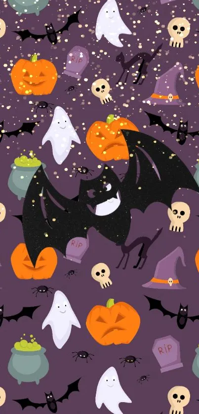 Purple Halloween cartoon pattern with bats, ghosts, and pumpkins.