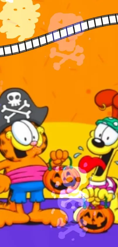 Halloween cartoon pirate characters with pumpkins.