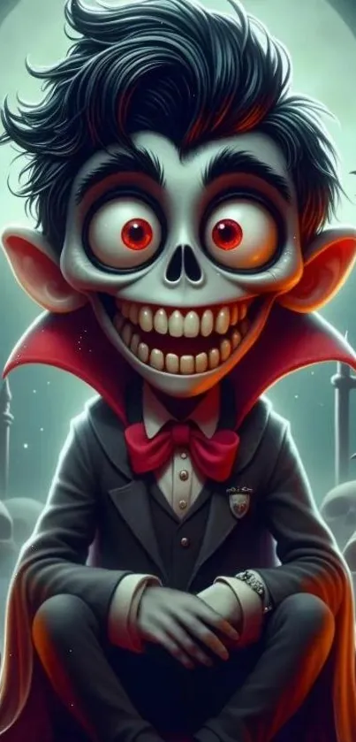 Cartoon vampire with red eyes in spooky night setting.