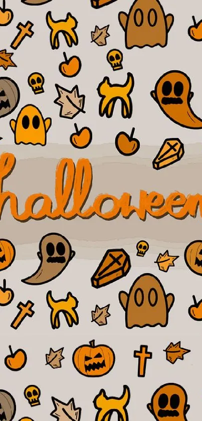 Cartoon Halloween wallpaper with ghosts, pumpkins, and festive decorations.