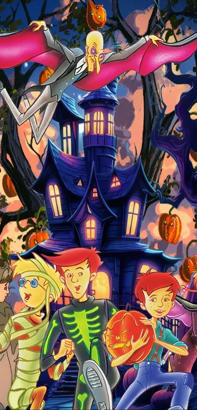 Colorful Halloween cartoon with a haunted house and characters.