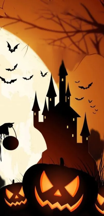 Halloween night wallpaper with a spooky castle, pumpkins, and flying bats.