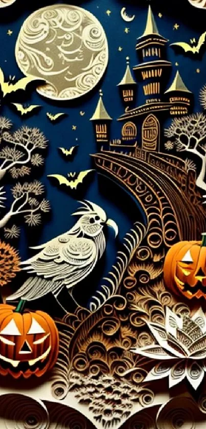 Halloween castle with pumpkins and a full moon in paper art style.