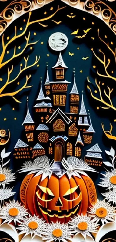 Halloween paper art with castle and pumpkin in vibrant colors.