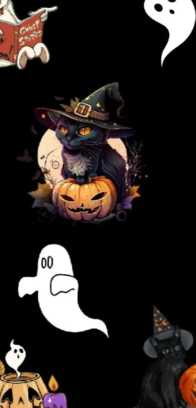 Halloween wallpaper with witch cat, ghosts, and pumpkins.