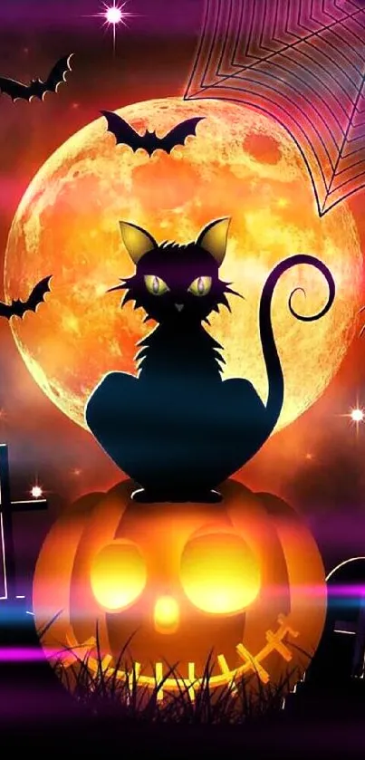 Silhouette of a cat on a pumpkin with a full moon background.