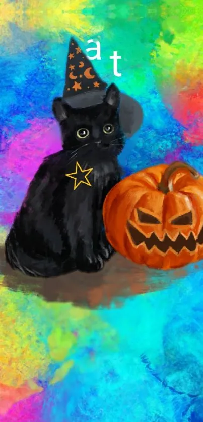 Black cat in witch hat with pumpkin and colorful background.