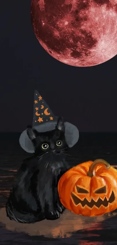 Black cat with pumpkin under a blood moon, perfect for Halloween.