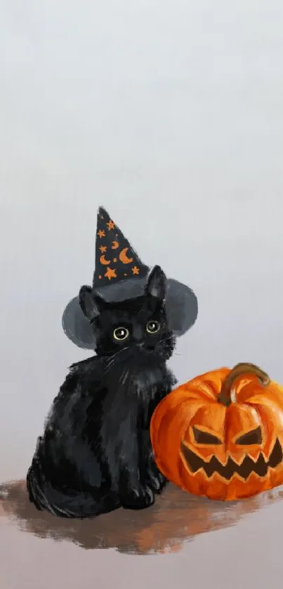 Black cat with witch hat beside pumpkin art wallpaper.