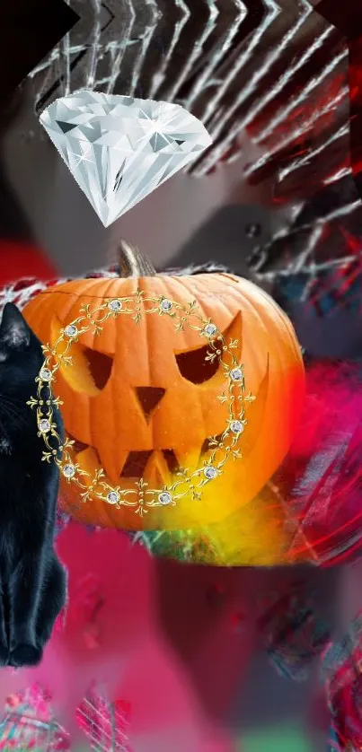 Vibrant Halloween wallpaper with cat, pumpkin, and diamond in abstract art style.