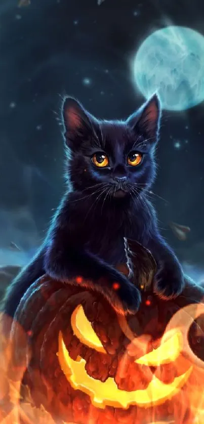 Black cat sitting on a jack-o'-lantern under a full moon.