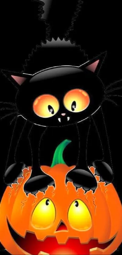 Black cat on carved pumpkin Halloween wallpaper with glowing eyes.