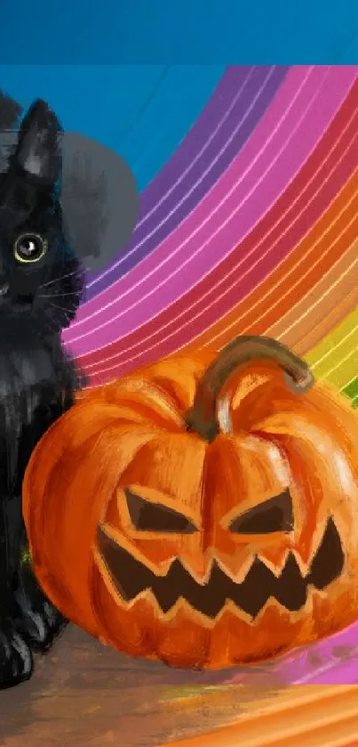 Black cat with pumpkin on colorful Halloween wallpaper.