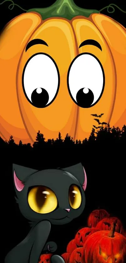 Halloween-themed wallpaper with a cartoon cat and pumpkins.