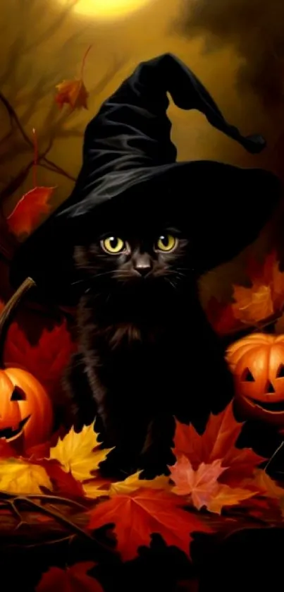 Black cat with witch hat and pumpkins in autumn.