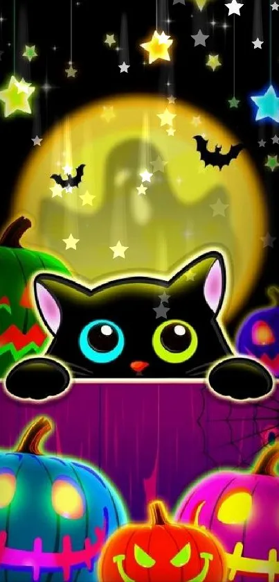 Cute black cat with glowing pumpkins and a spooky Halloween moon.