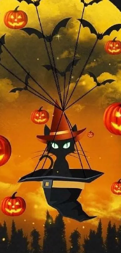 Halloween cat with witch hat holding balloons of bats and pumpkins.