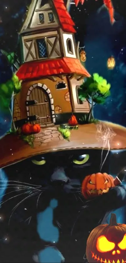 Fantasy Halloween wallpaper with black cat and pumpkin house.