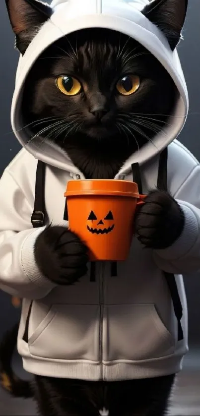 Black cat in a white hoodie holding a Halloween-themed cup.