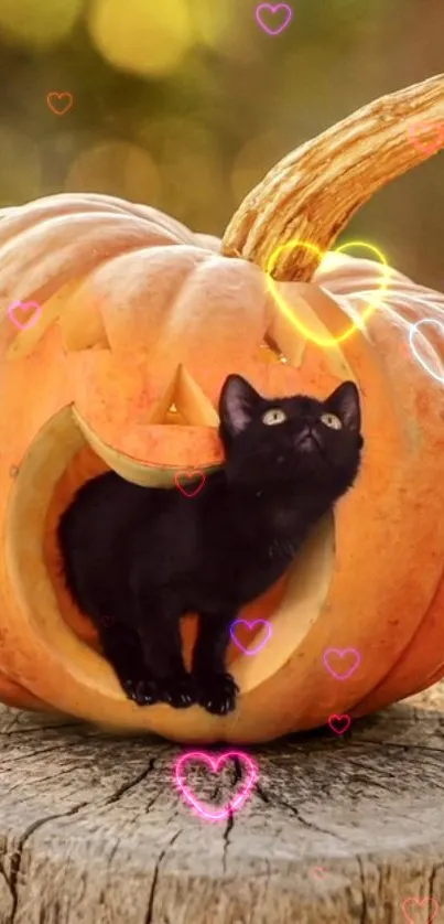 Black cat inside a carved pumpkin with glowing heart lights.