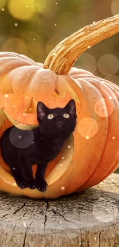 Halloween black cat inside a jack-o'-lantern on a wooden stump.