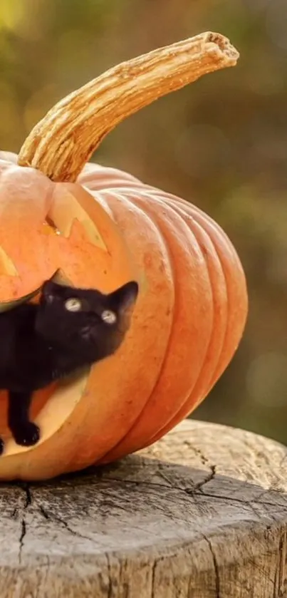 Black cat peeks from carved pumpkin on a rustic wooden surface.