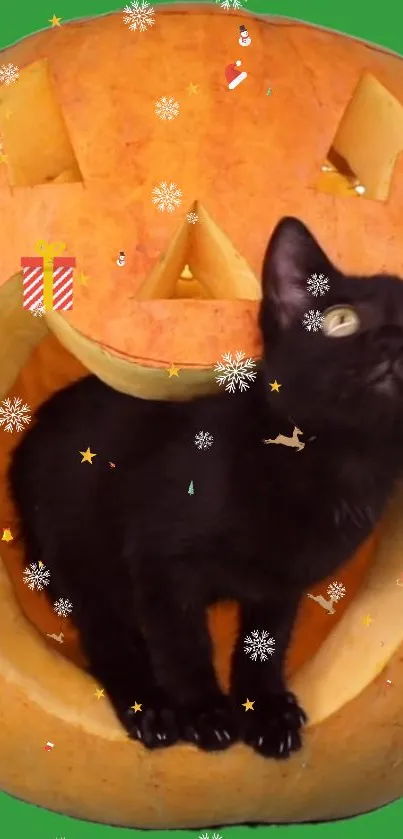 Black cat in a Halloween pumpkin surrounded by small festive decorations.